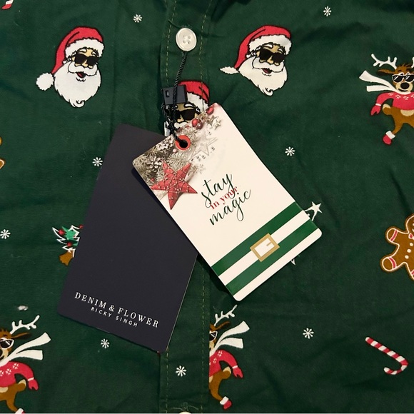 🆕 Denim & Flower Ricky Singh Green Holiday Button Up Shirt Santa AOP Sz 10/11 - Picture 3 of 7